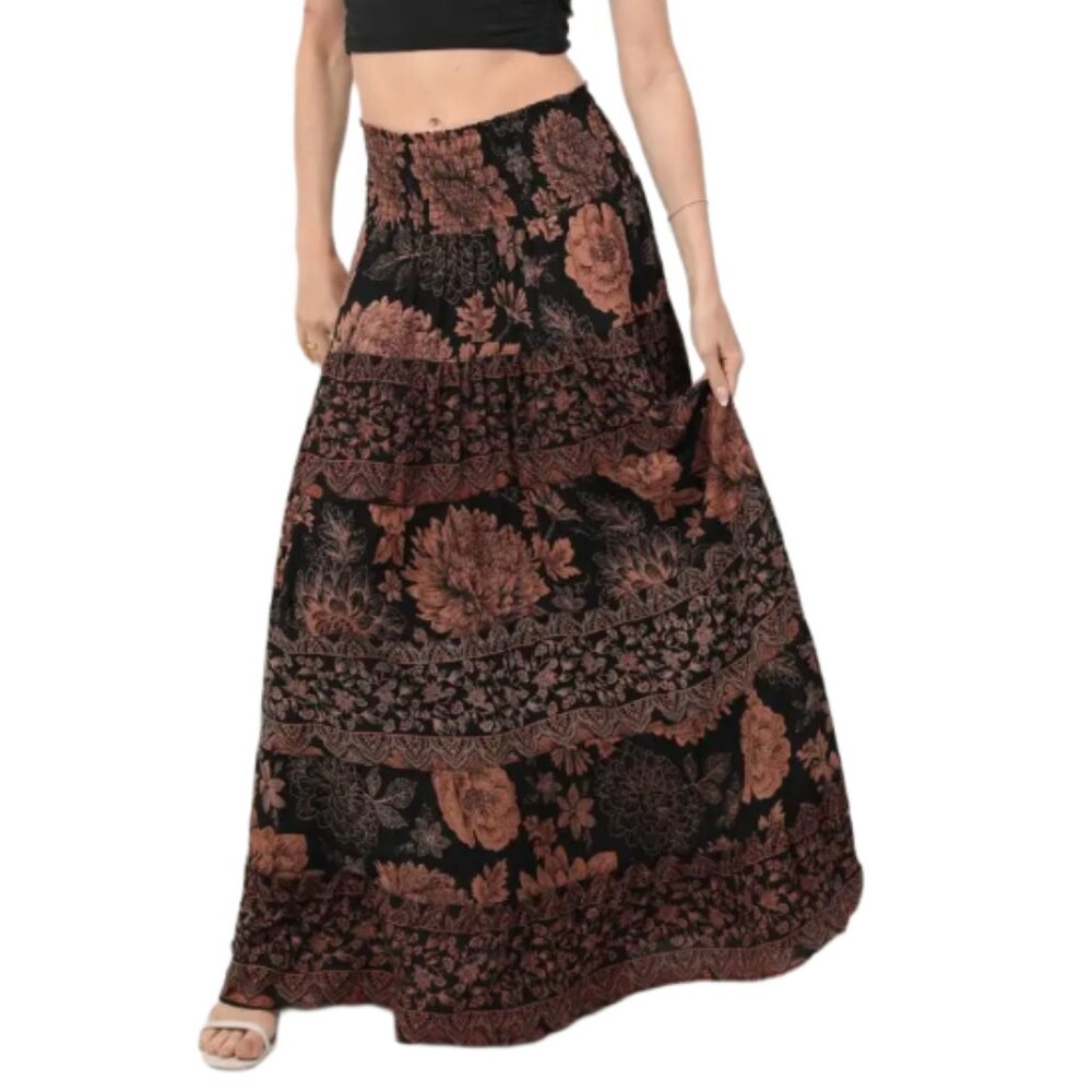 Angie Black & Brown Floral Tiered Maxi Skirt (100% Rayon)